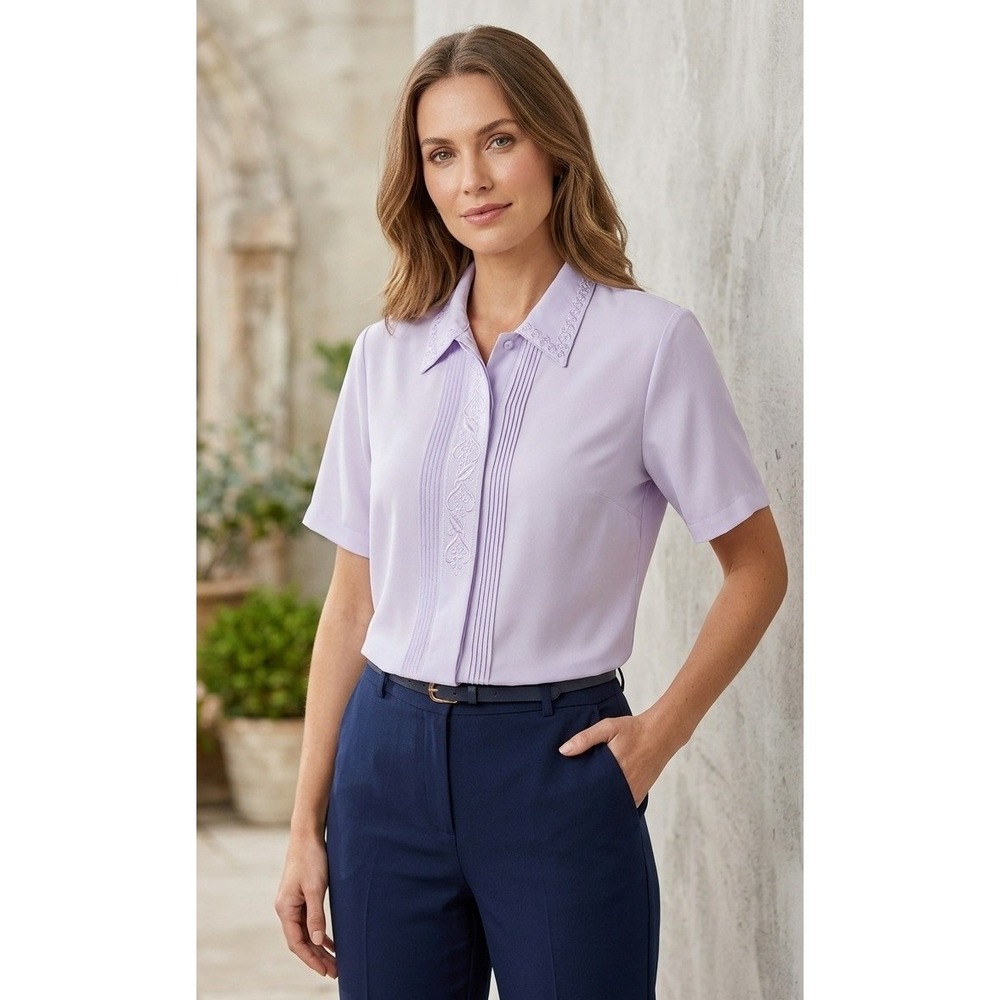 Apparenza Vintage Embroidered Pintuck Short Sleeve Blouse Plus Size 16W Lavender